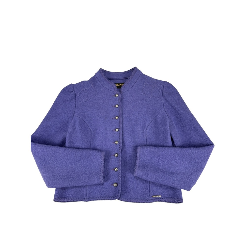 Geiger Tyrol Austria Purple Boiled Wool Jacket Embroidery Crest Button Women 44